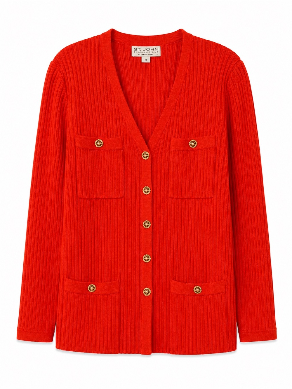 St. John Cardigan Womens 6 Orange Ribbed Gold Button V-Neck